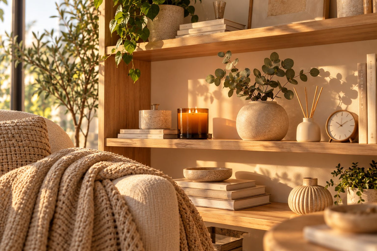 Maison & Déco — étagère, bougie, vase