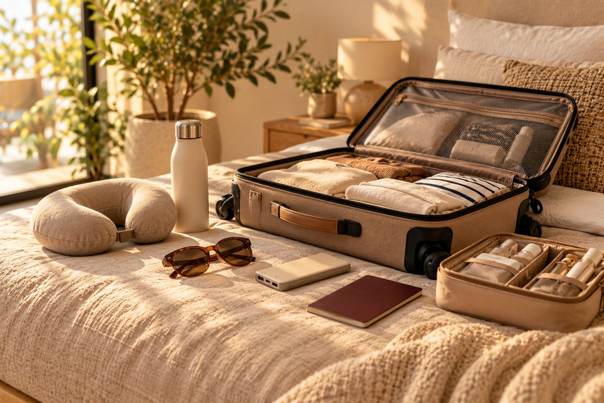 Voyage & Extérieur — valise ouverte sur un lit