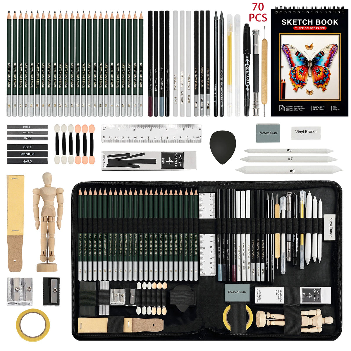 Kit de dessin et de croquis, crayons et accessoires, de 12 à 70 pièces