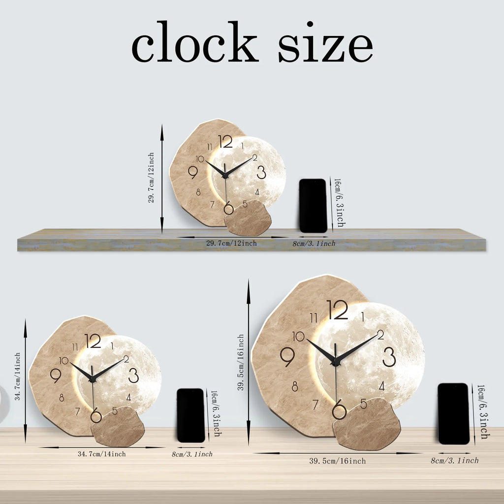 Horloge murale en bois, motif lune, silencieuse