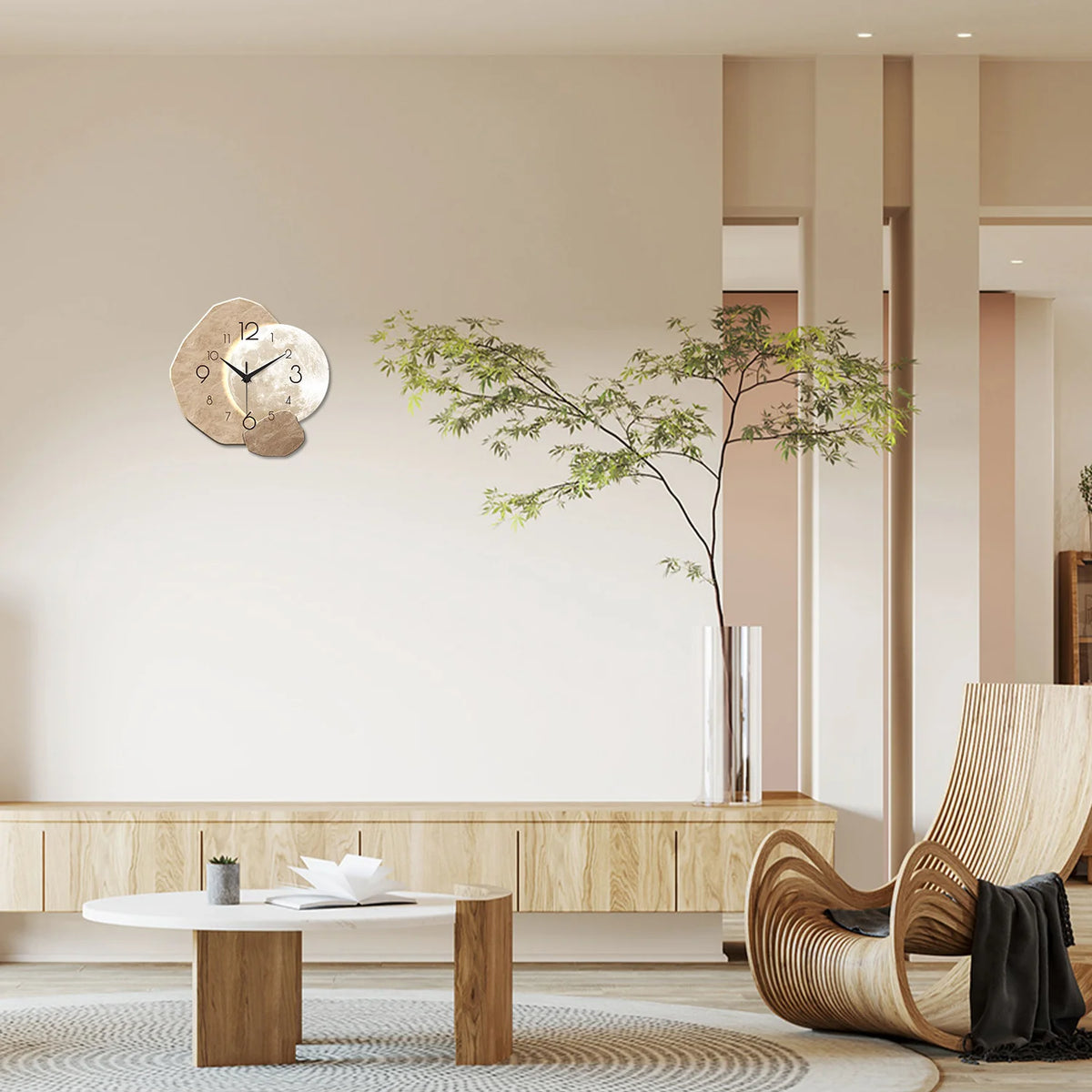 Horloge murale en bois, motif lune, silencieuse