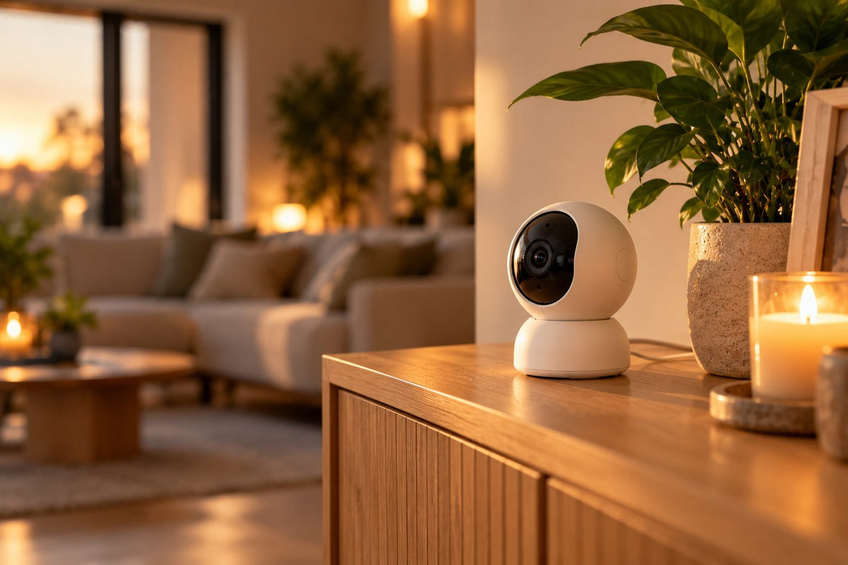 Caméra connectée sur une commode, salon chaleureux